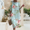 Women's Dress - Floral Midi - Light And Airy - 3/4 Sleeves - Round Neck