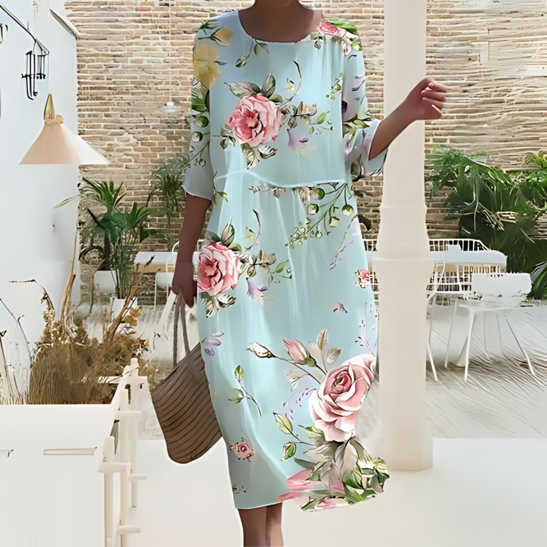 Women's Dress - Floral Midi - Light And Airy - 3/4 Sleeves - Round Neck