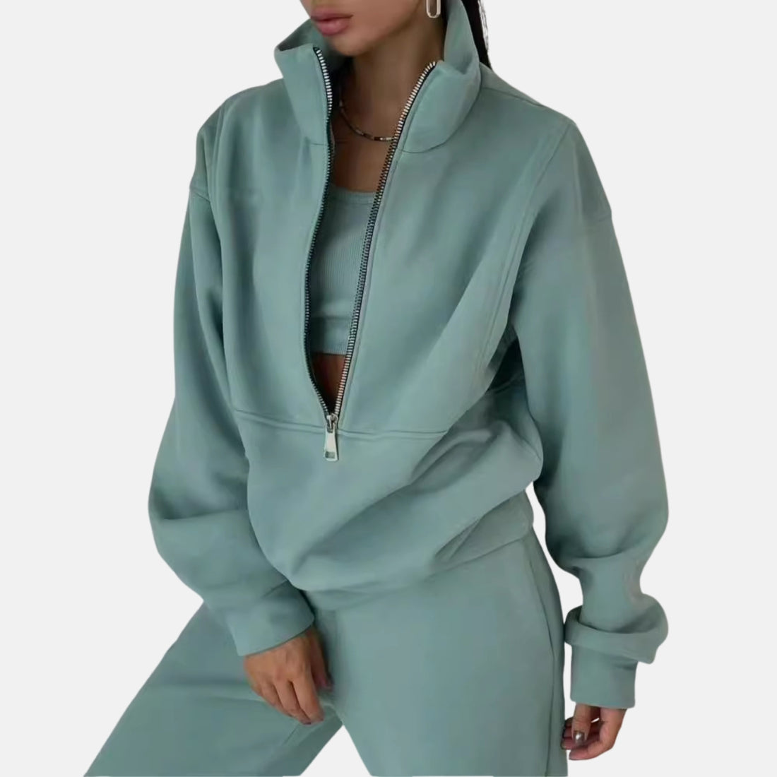 Two-Piece High Collar Relaxed Fit Tracksuit Set