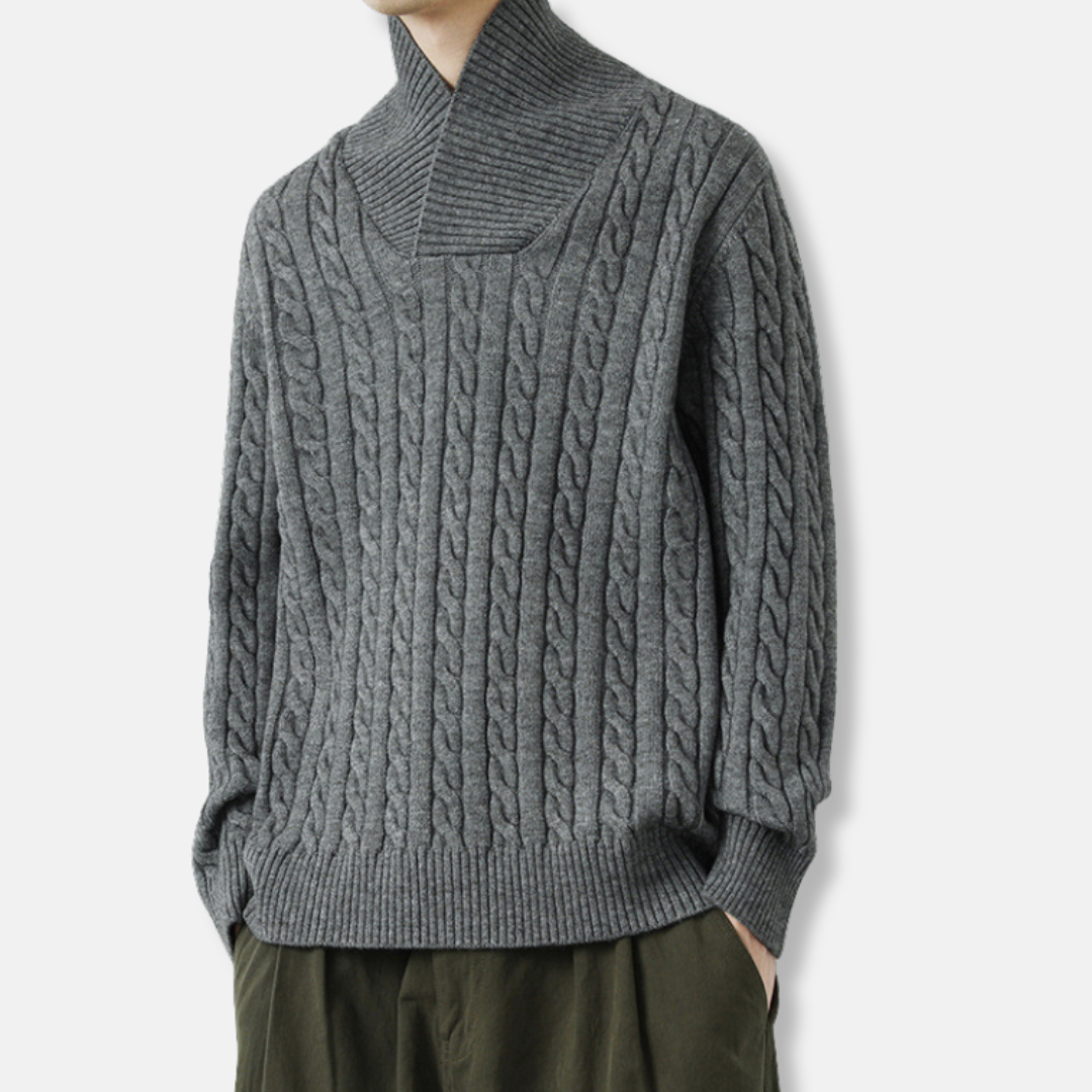 Knit Blend Shawl Collar Cable Knit Sweater