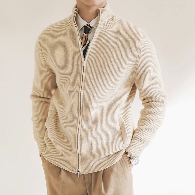 Slim Fit Wool Blend Ribbed Zipper Cardigan