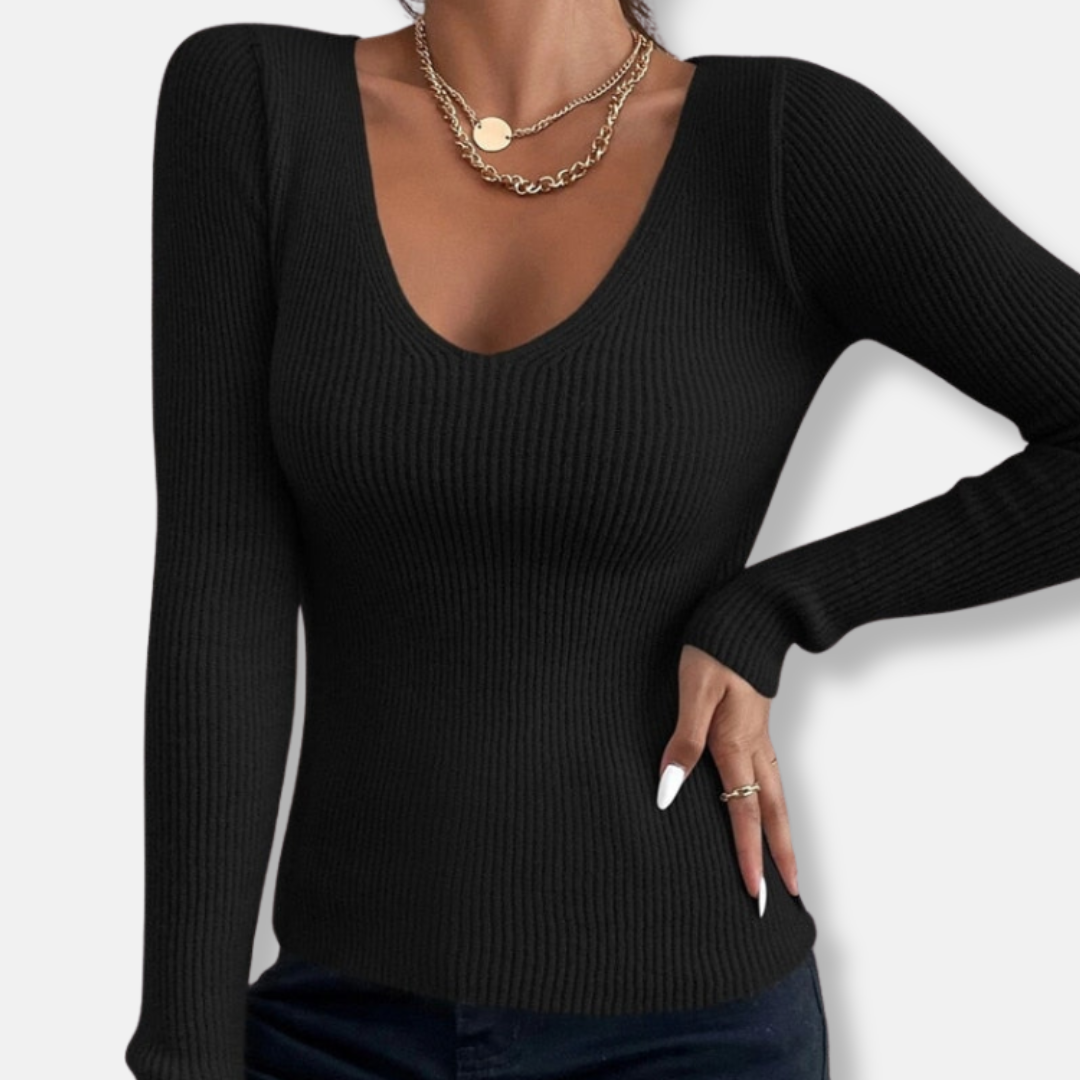 Ribbed Knit Slim Fit Deep V-Neck Top