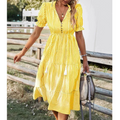 Women's Midi Dress - V-neck Button Closure - A-line Fit - Short Puff Sleeves - Striped