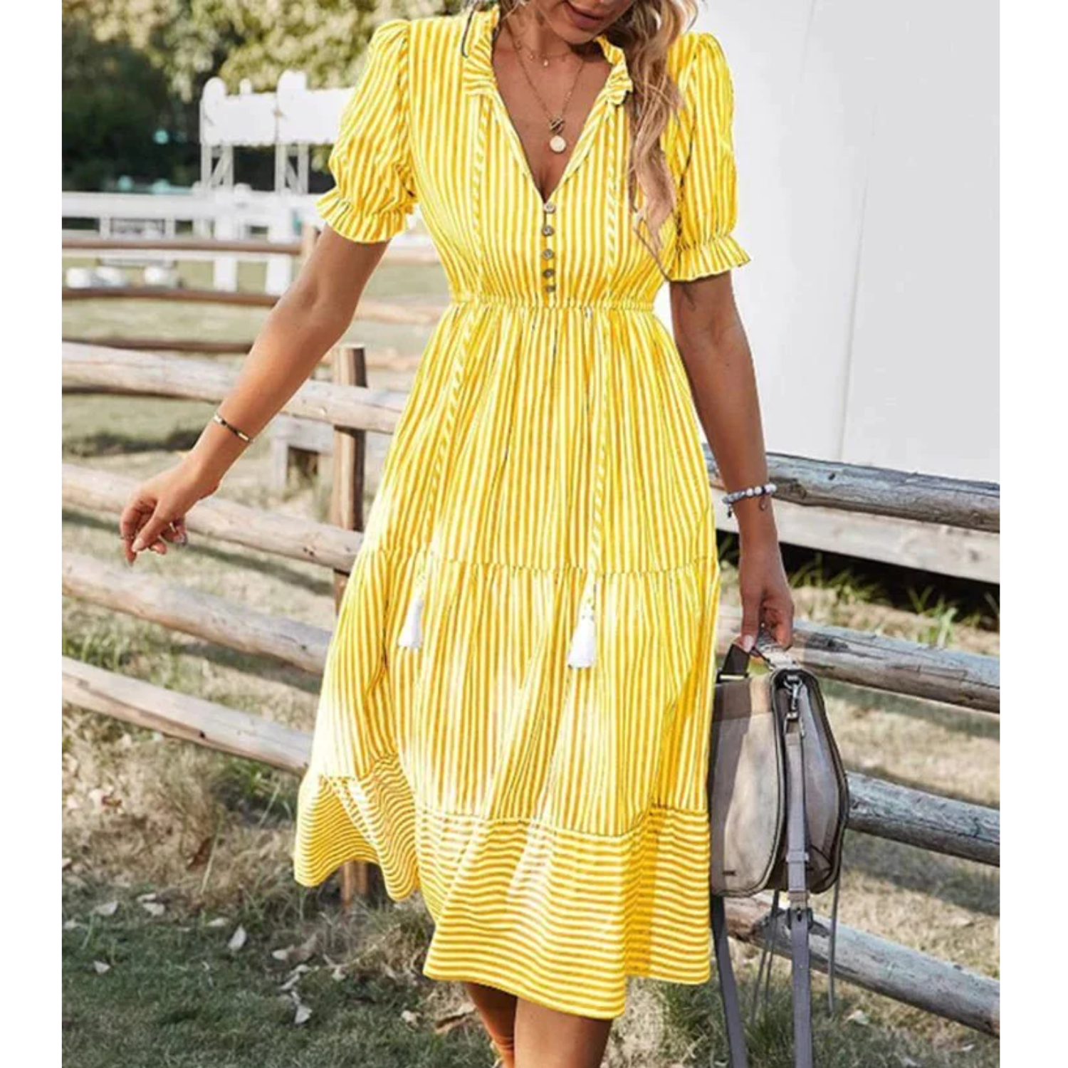 Women's Midi Dress - V-neck Button Closure - A-line Fit - Short Puff Sleeves - Striped