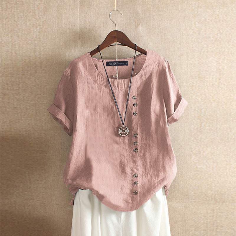 Cotton Blend Relaxed Fit Asymmetrical Buttons Blouse