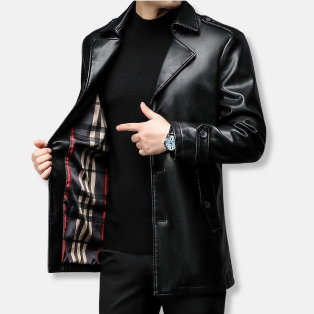 Faux Leather Mid-Thigh Notched Lapel Trench Coat