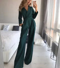 Women's Jumpsuit - Elegant Tailored Design - V-Neck - Long Sleeves - Wide-Leg Fit