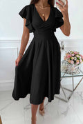 Women's Wrap Dress - V-Neck - Ruffle Sleeves - Midi Length - Elegant and Feminine