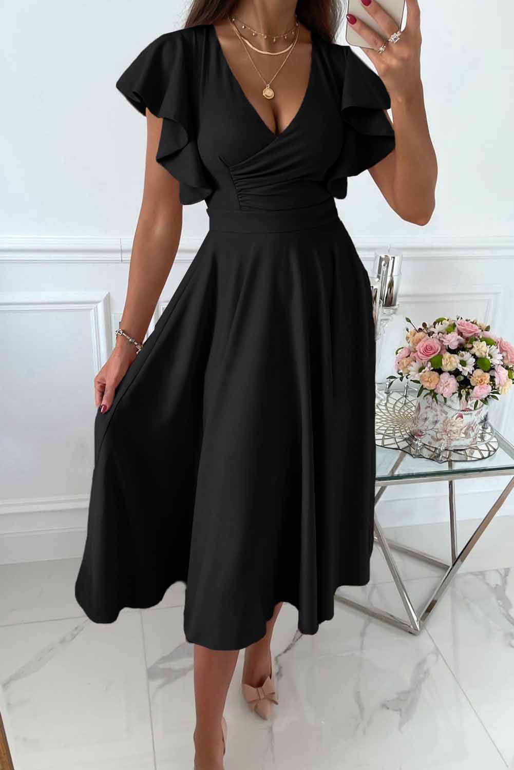 Women's Wrap Dress - V-Neck - Ruffle Sleeves - Midi Length - Elegant and Feminine