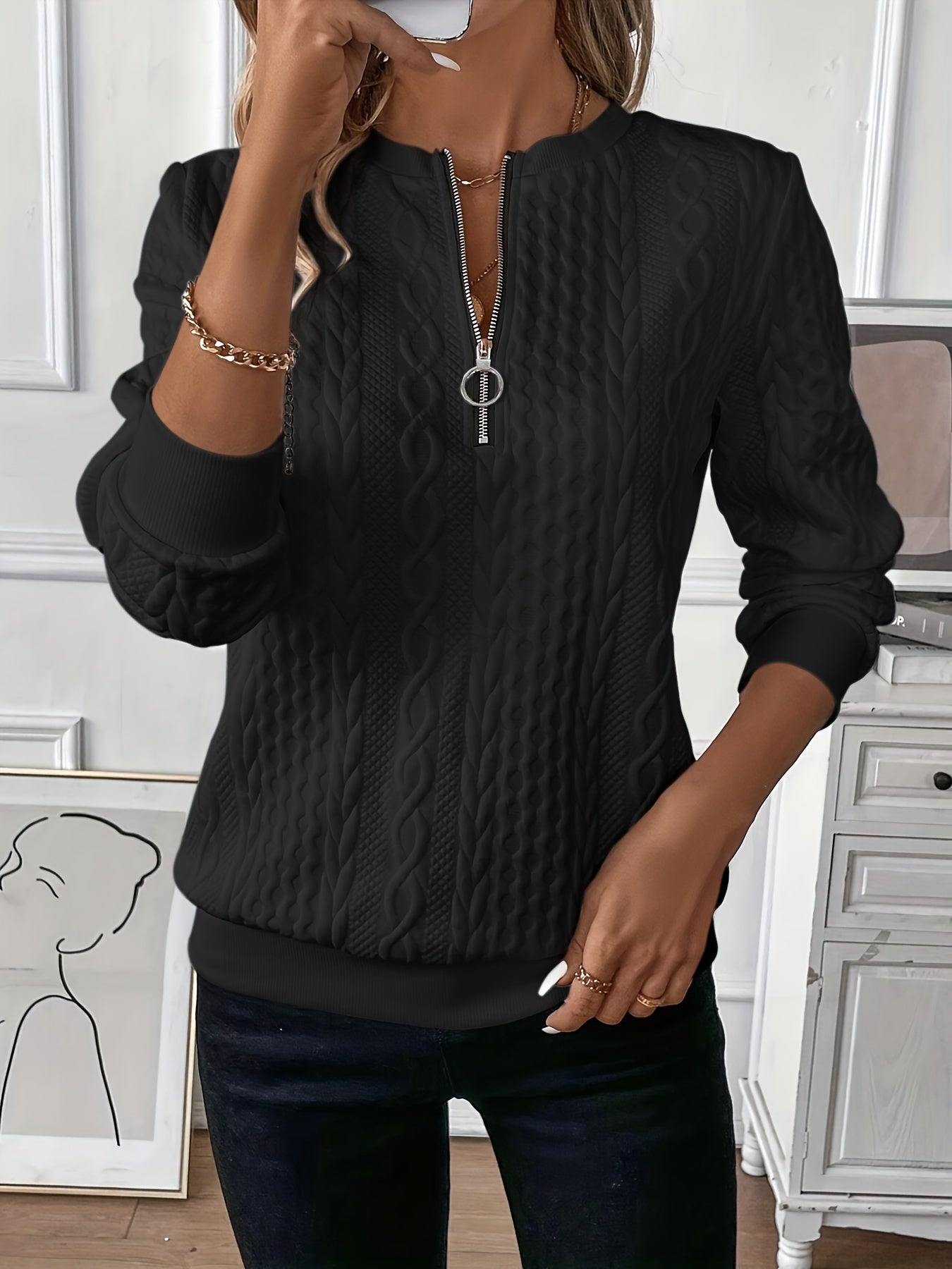 Women's Knit Sweater - Cable Knit - Zipper Collar - Long-Sleeved Comfortable Fit