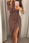 Women's Evening Dress - Off-Shoulder - Fitted - High Slit - Shiny Finish
