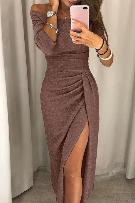 Women's Evening Dress - Off-Shoulder - Fitted - High Slit - Shiny Finish
