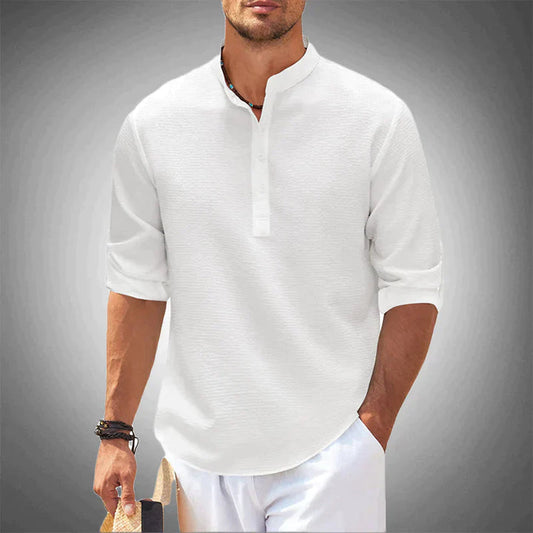 Textured Linen-Blend Henley Shirt with Refined Mandarin Collar