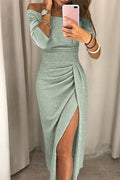 Women's Evening Dress - Off-Shoulder - Fitted - High Slit - Shiny Finish