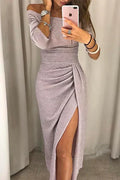 Women's Evening Dress - Off-Shoulder - Fitted - High Slit - Shiny Finish