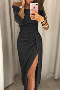Women's Evening Dress - Off-Shoulder - Fitted - High Slit - Shiny Finish