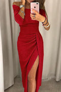 Women's Evening Dress - Off-Shoulder - Fitted - High Slit - Shiny Finish