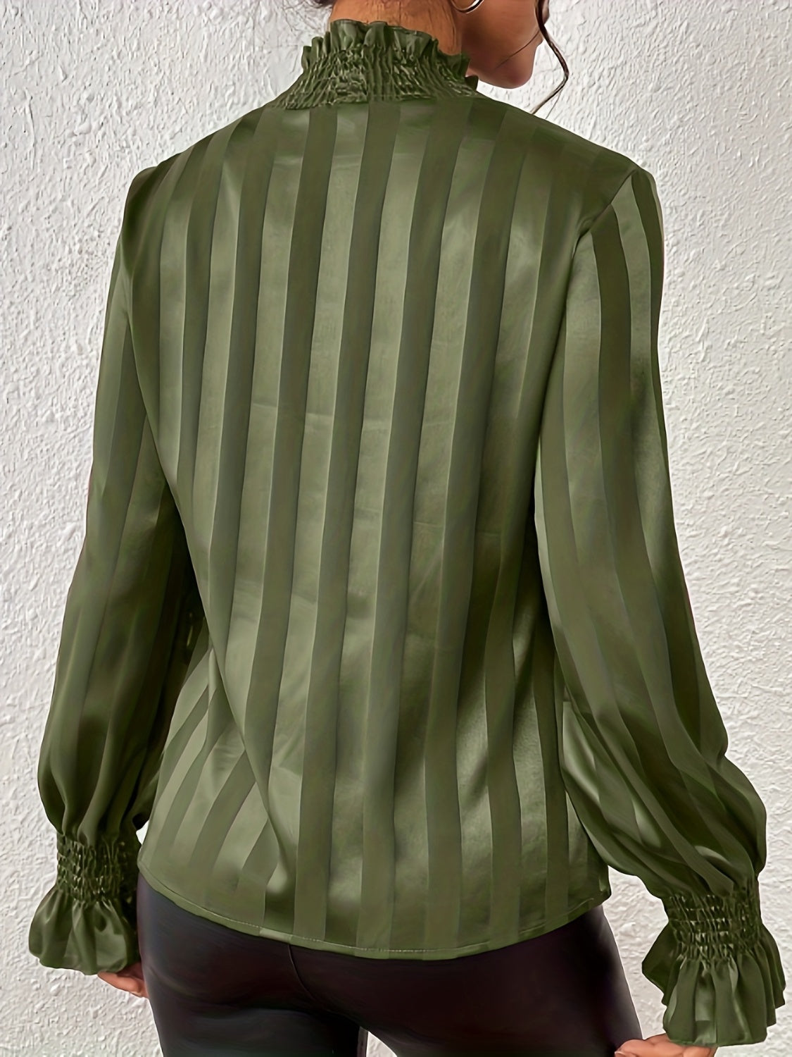 Women's Blouse - High Ruffle Collar - Long-Sleeved Smock Cuff - Glossy Satin Look