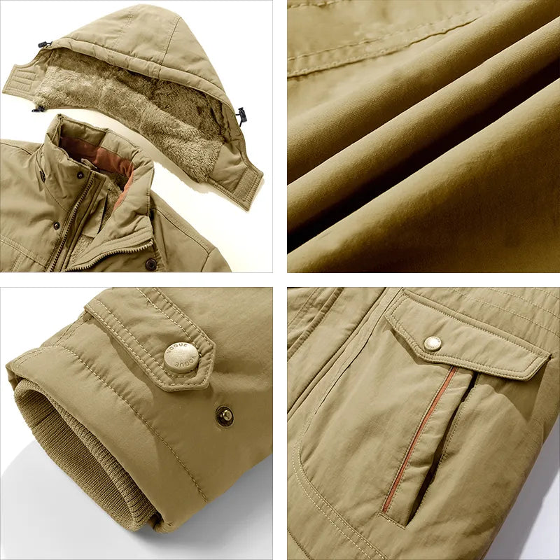 Men's Winter Jacket - Windproof and Insulated - Hood and Multiple Pockets - Adjustable Cuffs