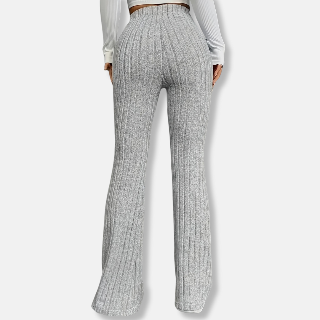 High Waist Ribbed Knit Flared Trousers