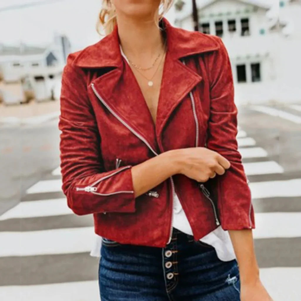 Cropped Faux Suede Asymmetrical Zip Biker Jacket