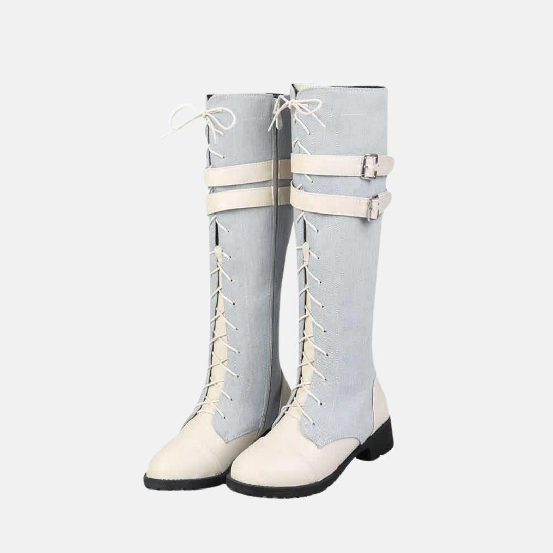 Faux Leather Lace-Up Low Block Heel Knee-High Boots