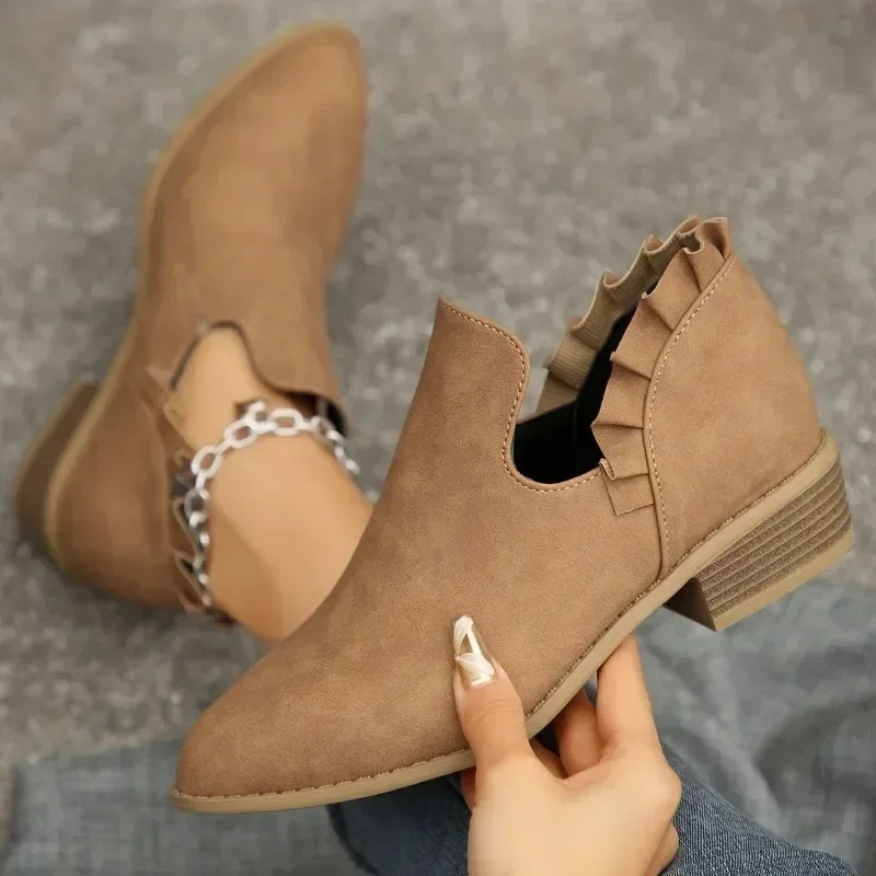 Women's Ankle Boots - Low Block Heel - Non-Slip Sole - Ruffle Detail - Slip-on Design
