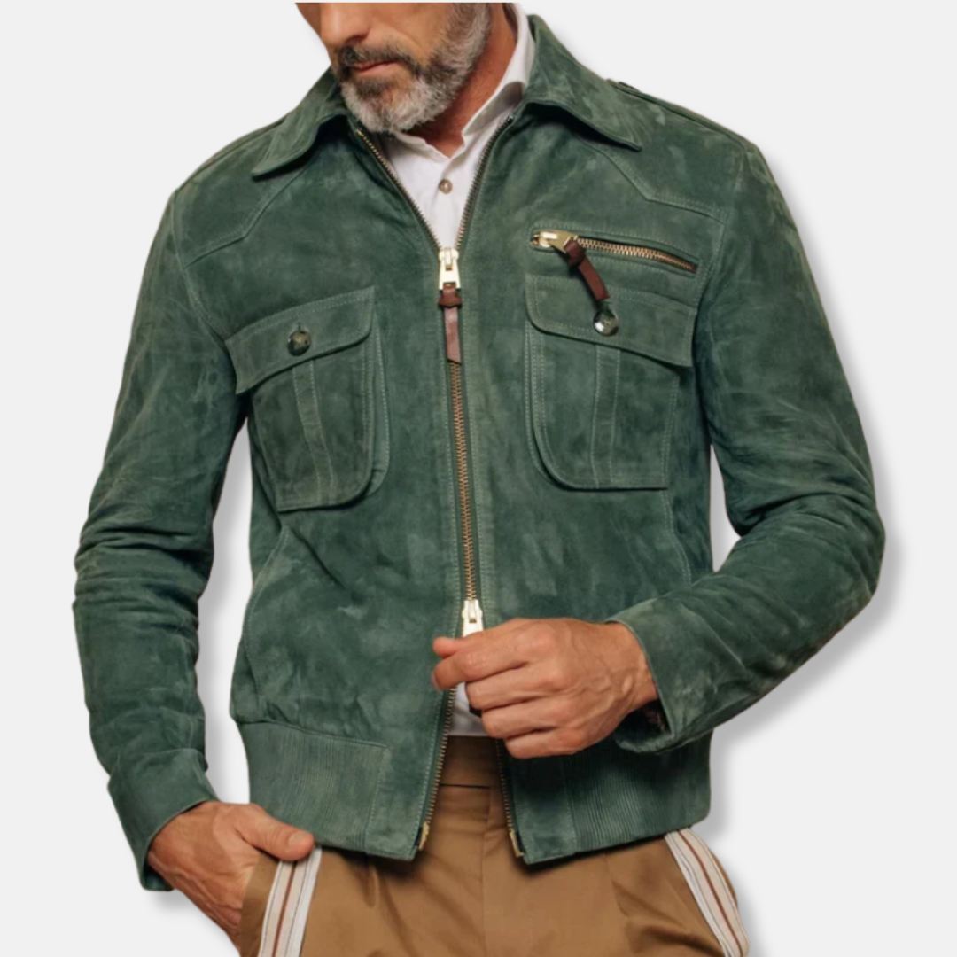 Suede Slim Fit Two-Way Zip Bomber Jacket