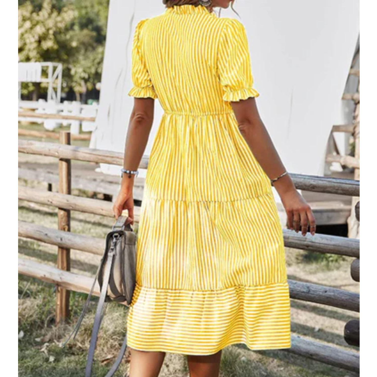 Women's Midi Dress - V-neck Button Closure - A-line Fit - Short Puff Sleeves - Striped