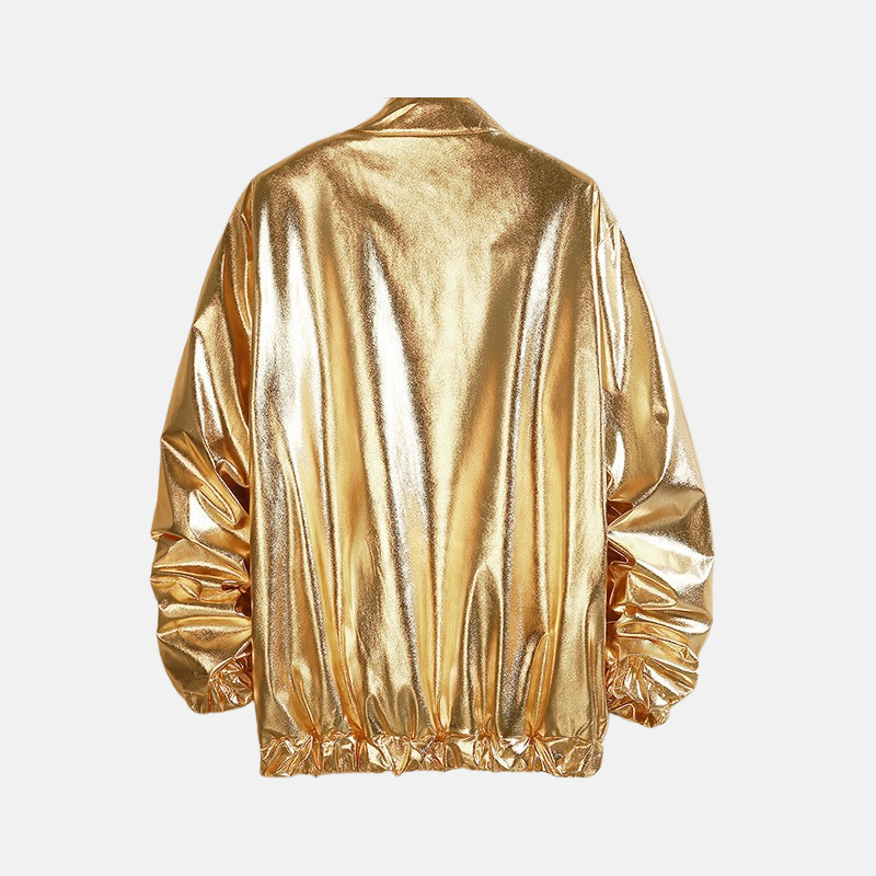 Glossy Loose Fit Collarless Zip-Up Jacket