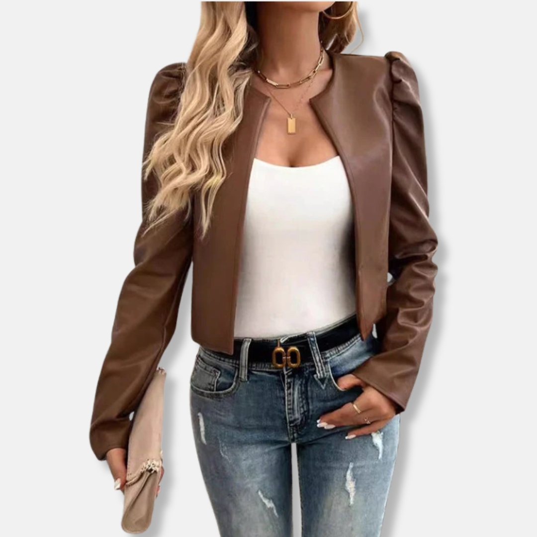Faux Leather Cropped Puff Sleeve Jacket