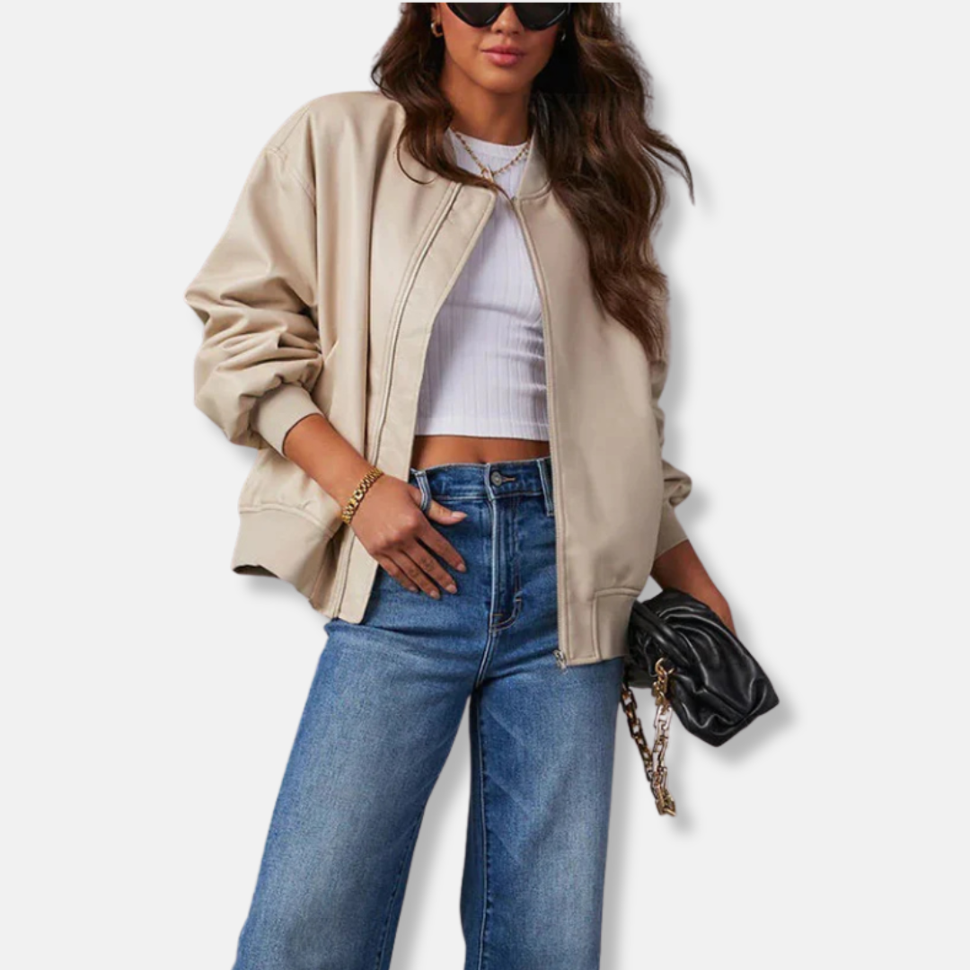 Oversized Ribbed Trim Leather Jacket