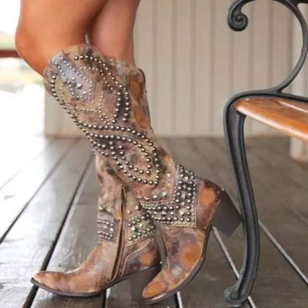 Rivet Studded Knee-High Leather Boots
