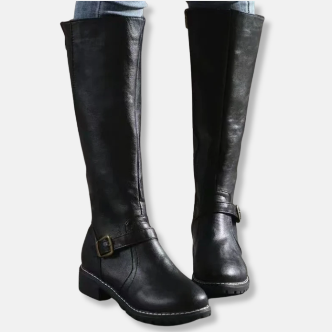 Faux Leather Knee-High Low Block Heel Boots