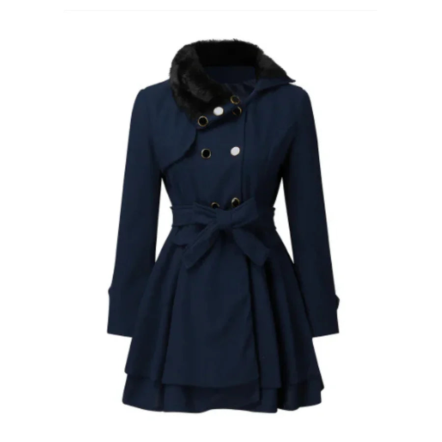 Wool Blend Faux Fur Flared Knee-Length Coat