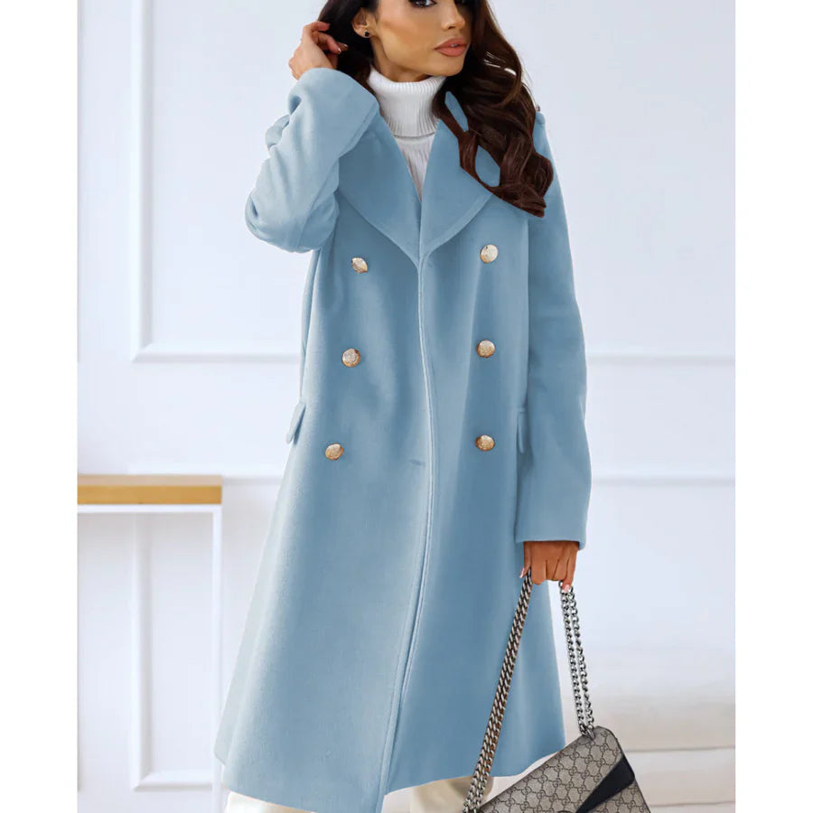 Wool Blend Tailored Double-Breasted Long Coat