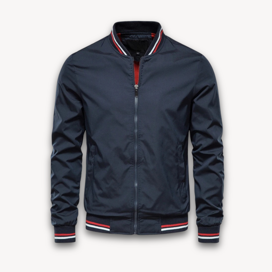 Men's Bomber Jacket – Lightweight – Relaxed Fit – Ribbed Edges with Stripes – Zipper