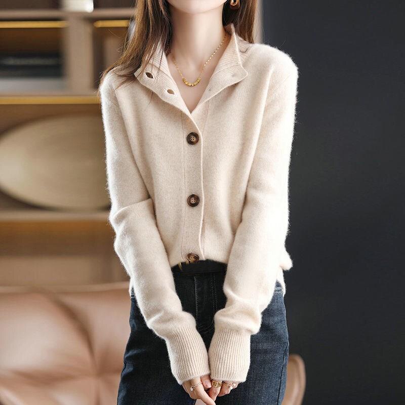 Wool Blend Ribbed Trim Relaxed Fit Cardigan