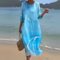Women's Dress - Floral Midi - Light And Airy - 3/4 Sleeves - Round Neck