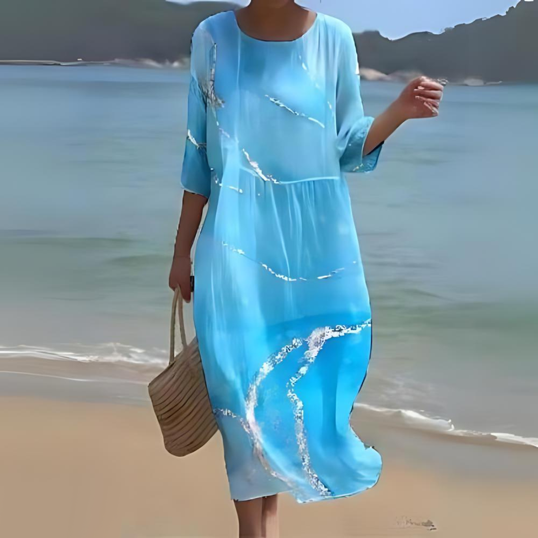 Women's Dress - Floral Midi - Light And Airy - 3/4 Sleeves - Round Neck