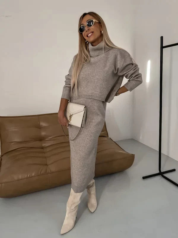 Dame Strik Sæt - Turtleneck Sweater & Midi Nederdel - Blød og Elegant Pasform
