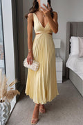 Women's Midi Dress – Pleated A-line – Open Back – Light Chiffon-like Fabric