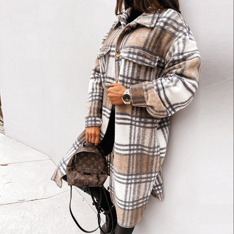 Women's Wool Coat - Long Silhouette - Classic Button Closure - Checked Pattern