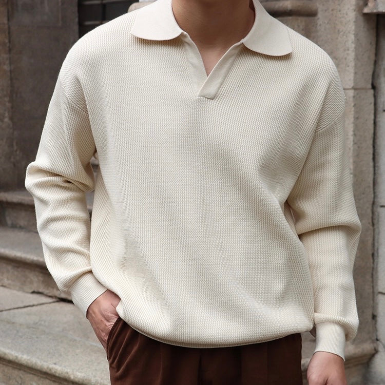 Relaxed Fit Open Collar Knit Pullover Sweater