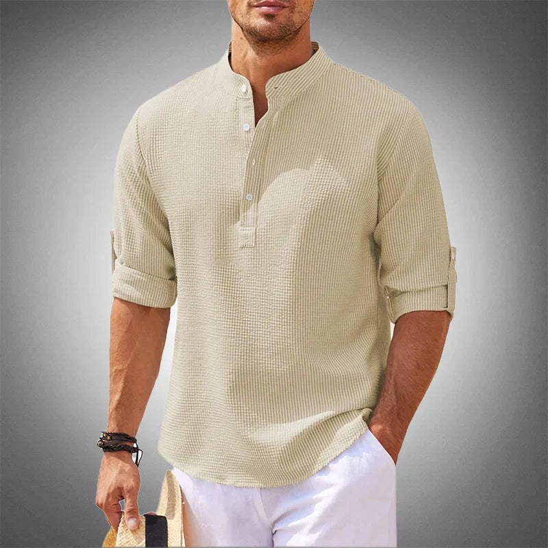 Linen Blend Mandarin Collar Relaxed Fit Shirt