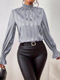 Women's Blouse - High Ruffle Collar - Long-Sleeved Smock Cuff - Glossy Satin Look
