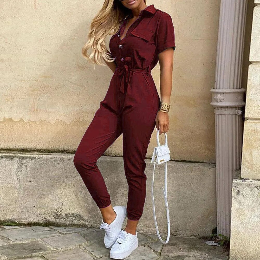 Women's Jumpsuit - Utility Style - Button Closure - Waist Tie - Short Sleeves