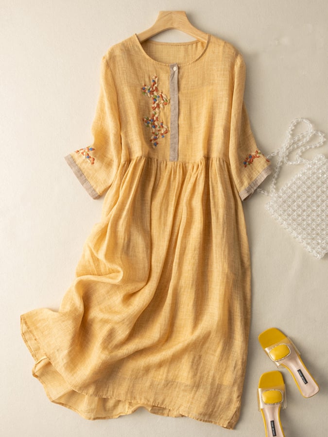 Embroidered Linen Loose Fit Dress