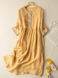 Women's Dress - Embroidered Cotton and Linen - Loose Fit - Button Closure - 3/4 Sleeves