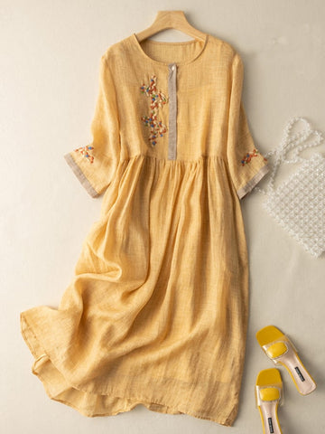 Embroidered Linen Loose Fit Dress